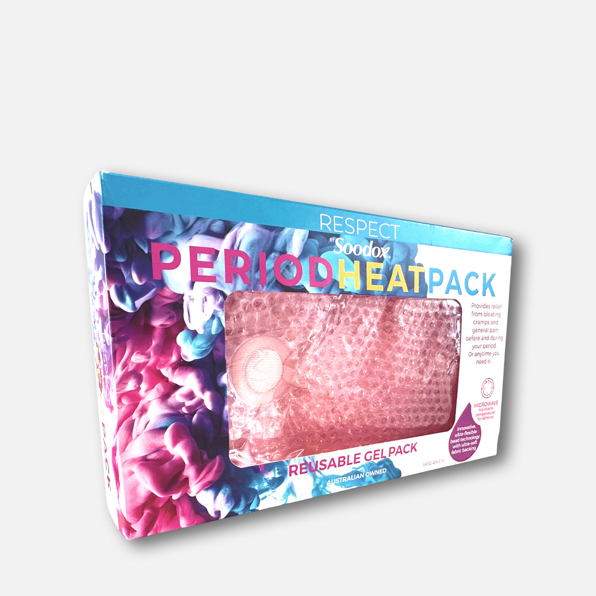 Soodox Period Heat Pack box, angled view with pink pack