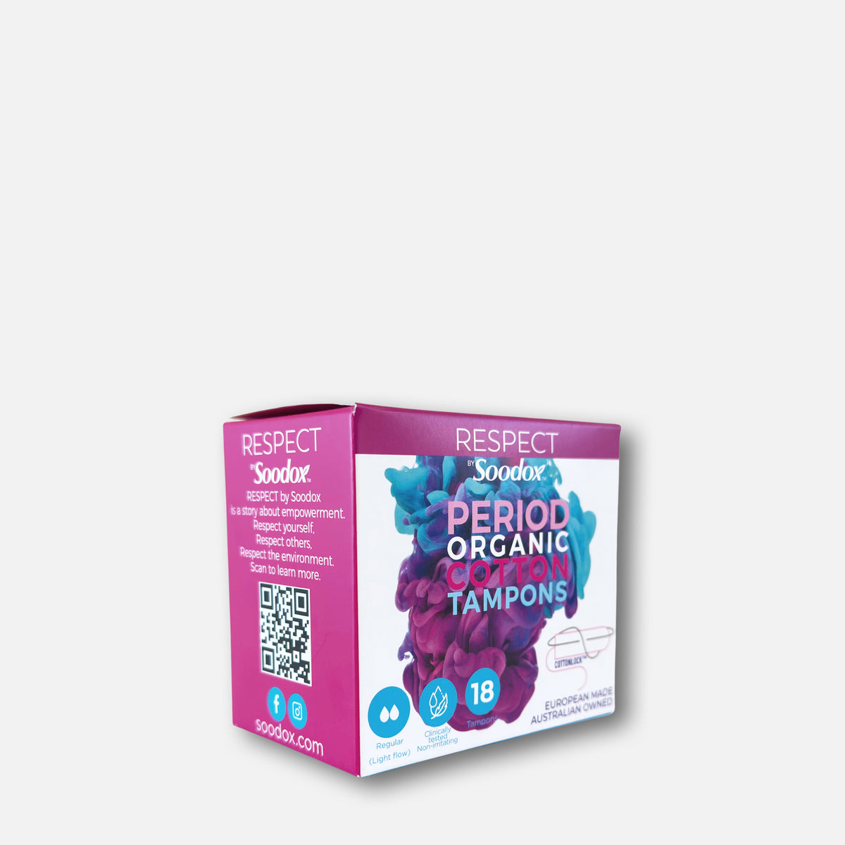 Respect by Soodox Period Organic Tampons Regular box, angled view
