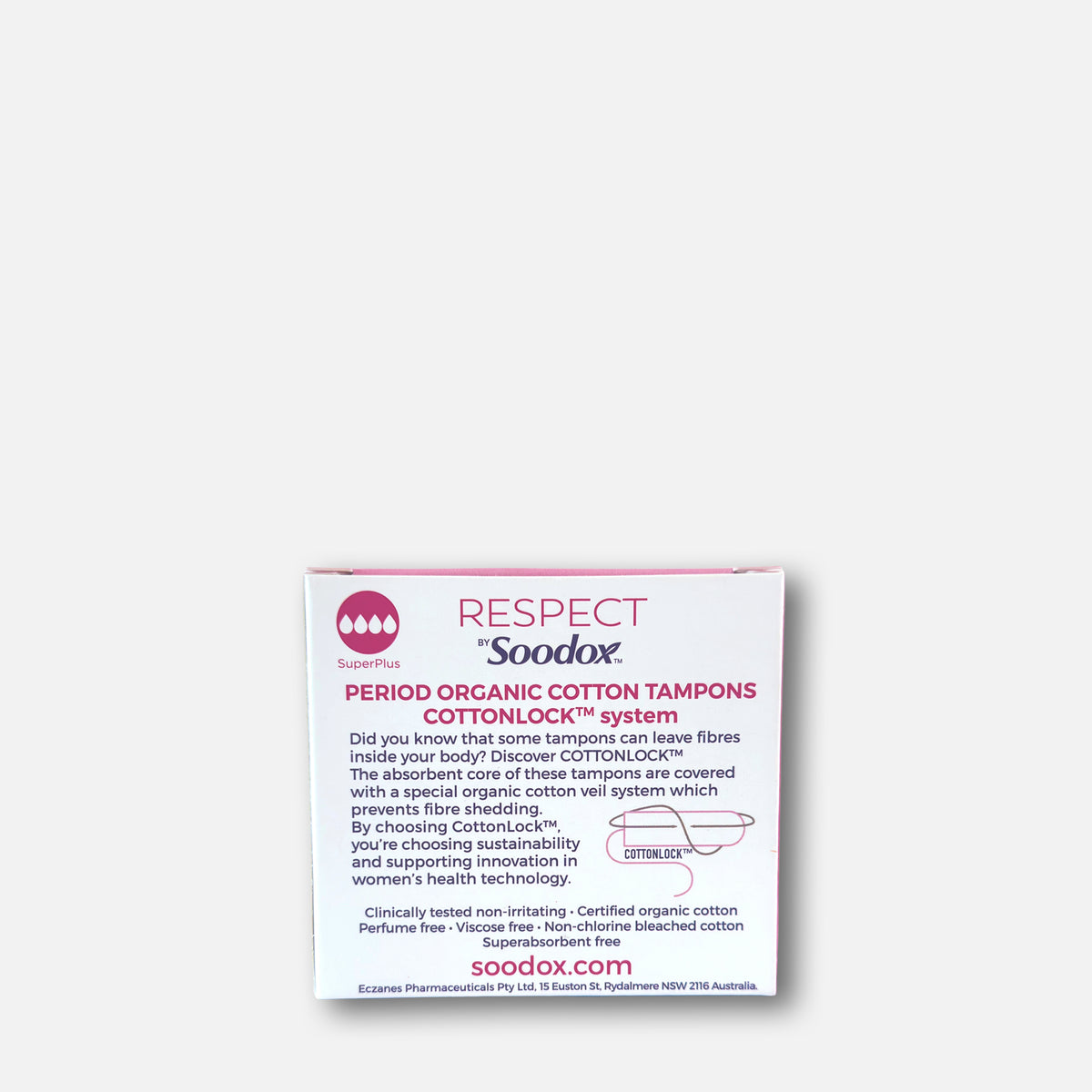 Respect by Soodox organic tampons box back panel
