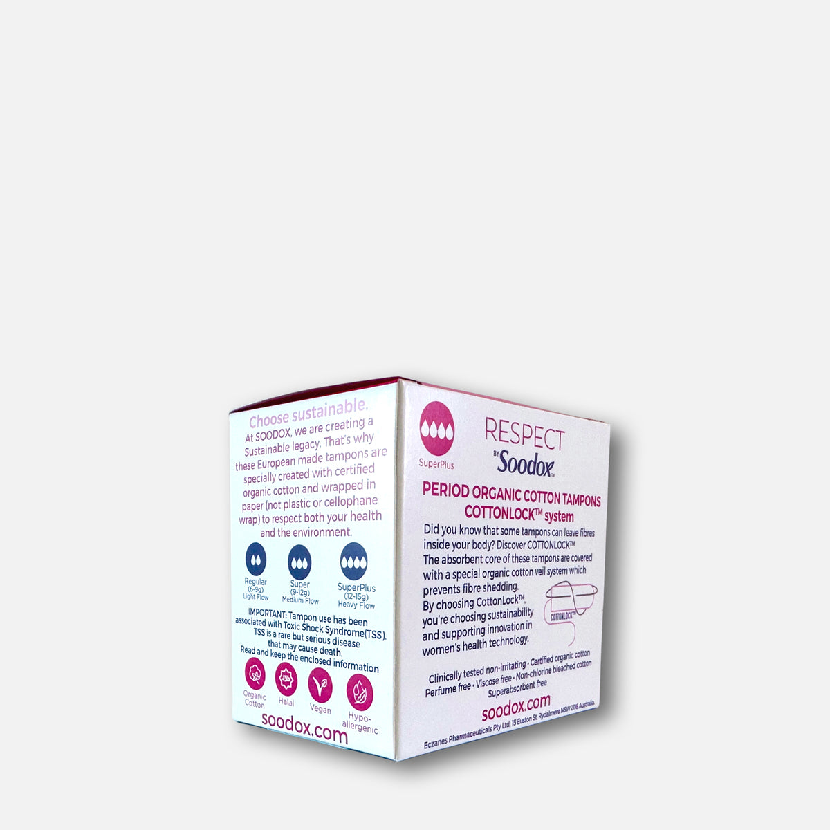 Back of Respect by Soodox organic tampons box