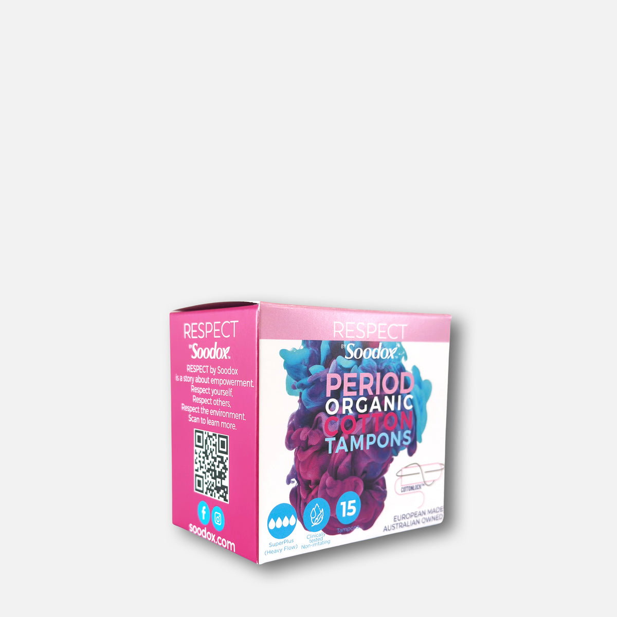 Respect by Soodox Period Organic Tampons SuperPlus box, angled view