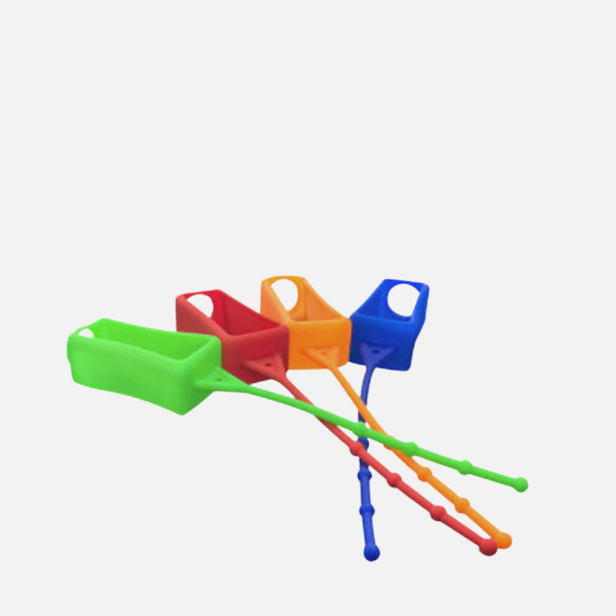 Green, orange and blue silicone hangers for 60ml hand sanitiser bottle