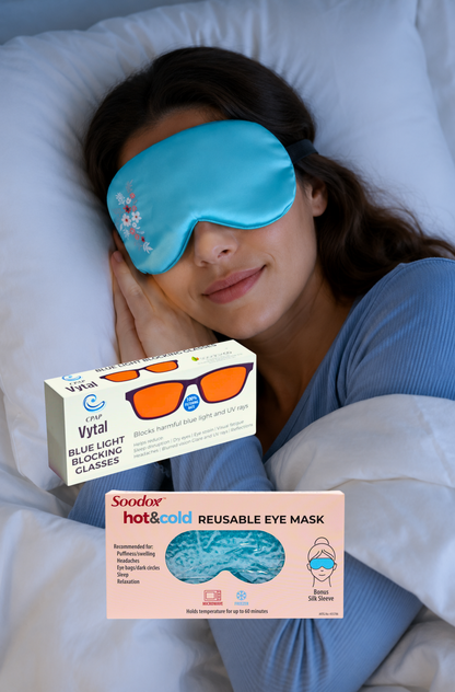 Beauty Sleep Pack - CPAP Vytal Blue Light Blocking Glasses + Soodox Hot &amp; Cold Reusable Eye Mask with Bonus Silk Sleeve