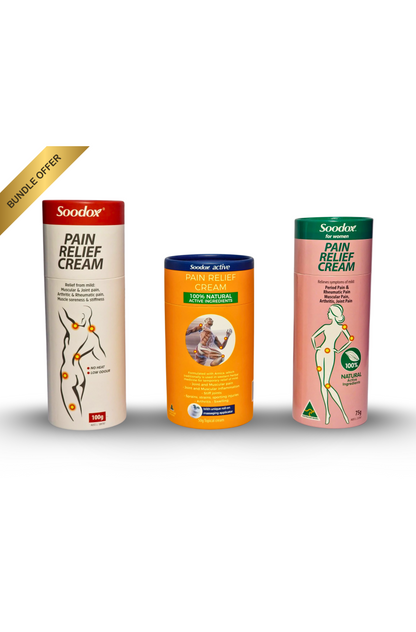 Soodox Original, Active and for Women Pain Relief Cream boxes