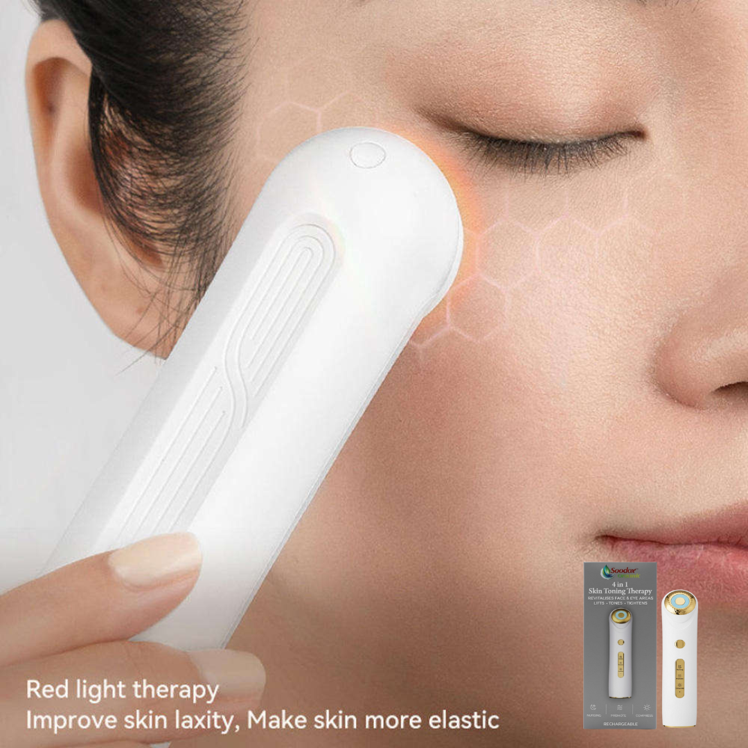 Woman using the Soodox 4 in 1 Skin Toning Therapy device on her cheek
