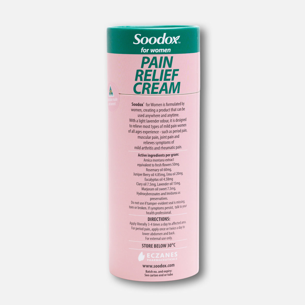 Soodox for Women Pain Relief Cream 75g box, side panel