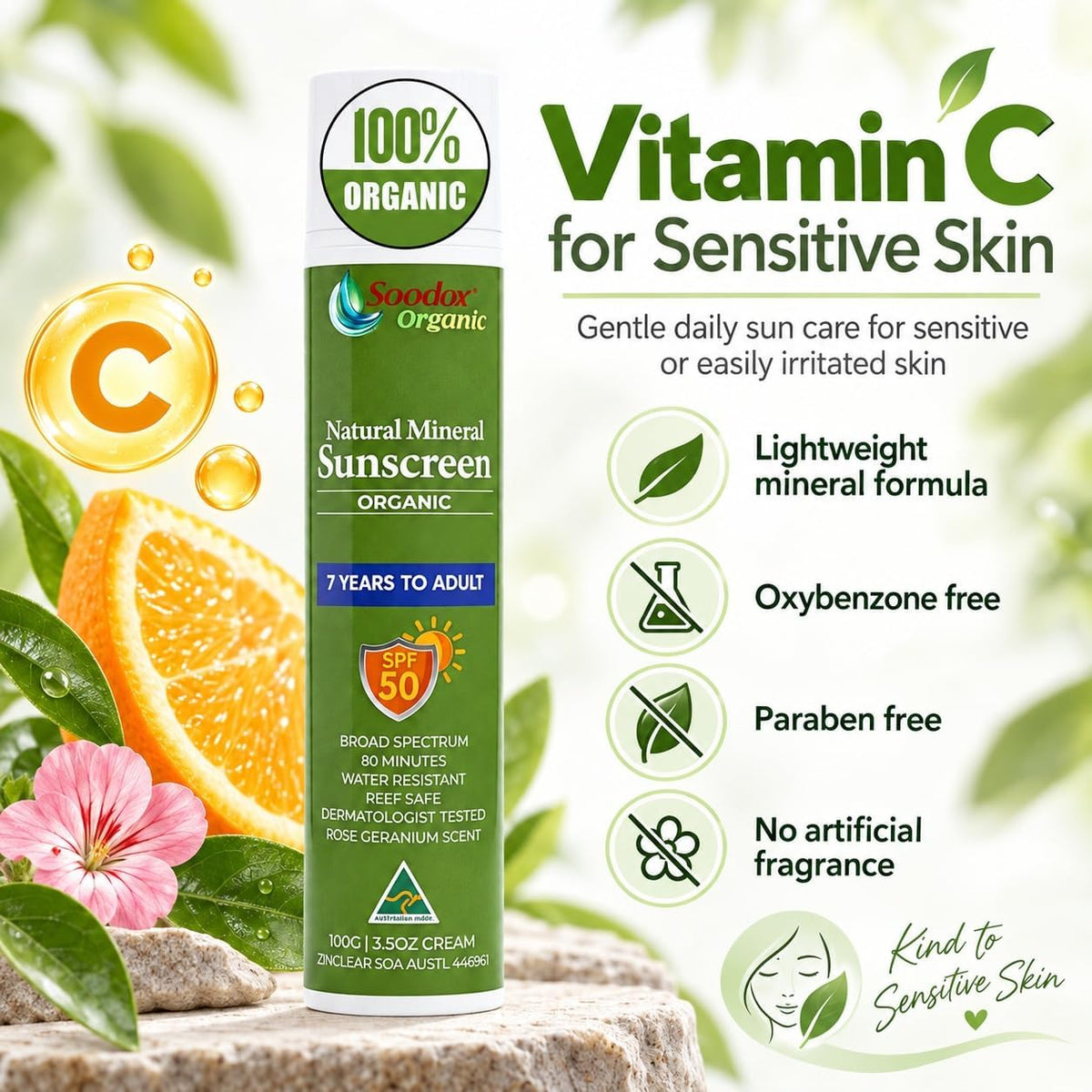 Soodox Organic 100% Natural Mineral Sunscreen 100g - SPF50 – 7yrs to Adult