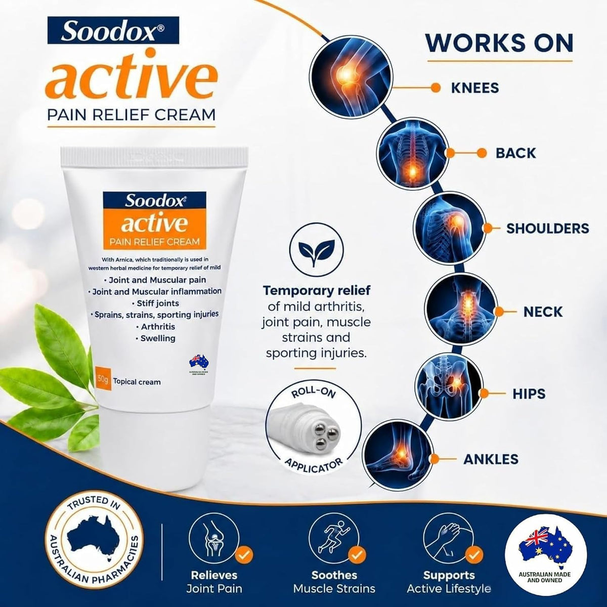 Soodox Active Pain Relief Cream with Roll-on Applicator 50g - 3 Pack