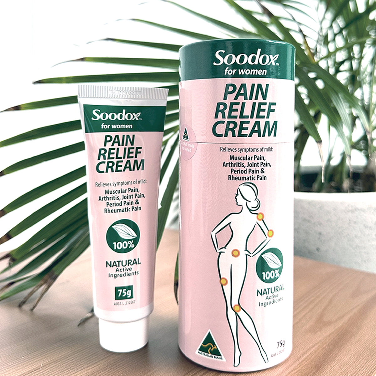 Soodox for Women Pain Relief Cream 75g tube and box with palm leaves