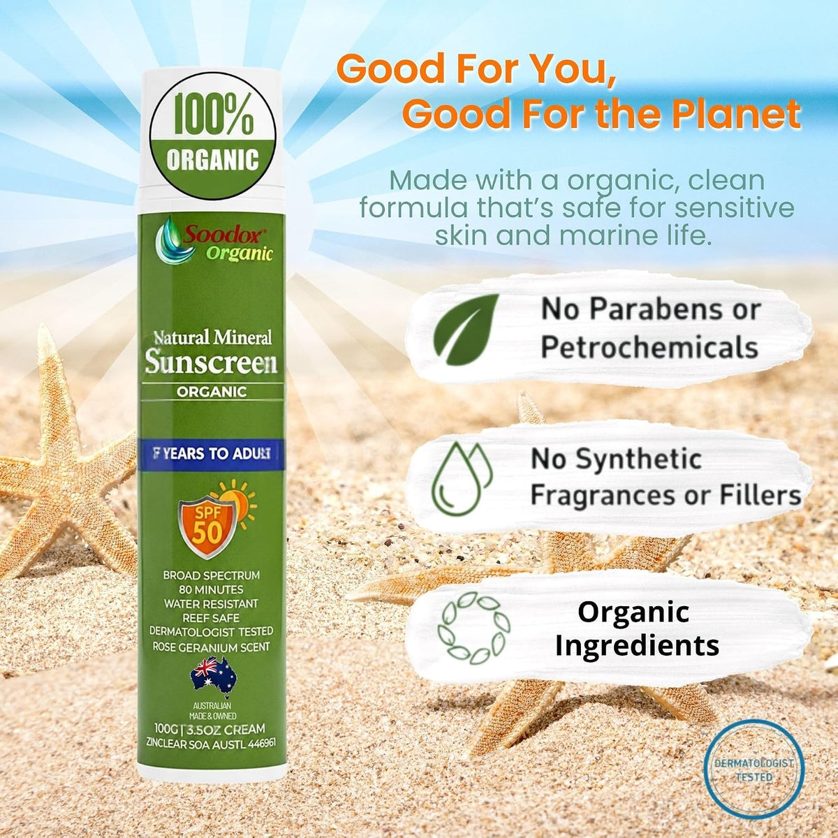Soodox Organic 100% Natural Mineral Sunscreen 100g - SPF50 – 7yrs to Adult