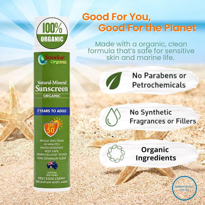 Soodox Organic 100% Natural Mineral Sunscreen 100g - SPF50 – 7yrs to Adult