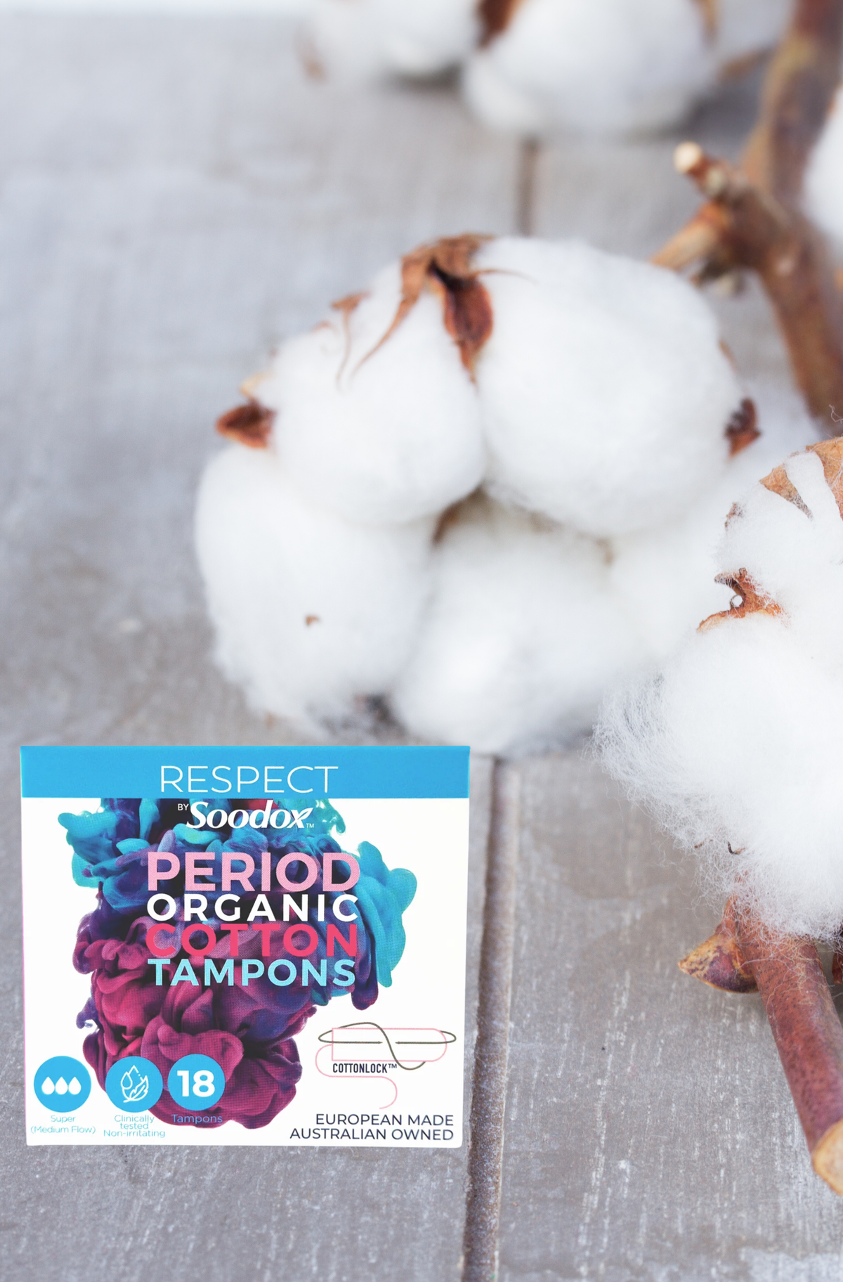 Respect by Soodox Period Organic Tampons Super box with cotton flowers