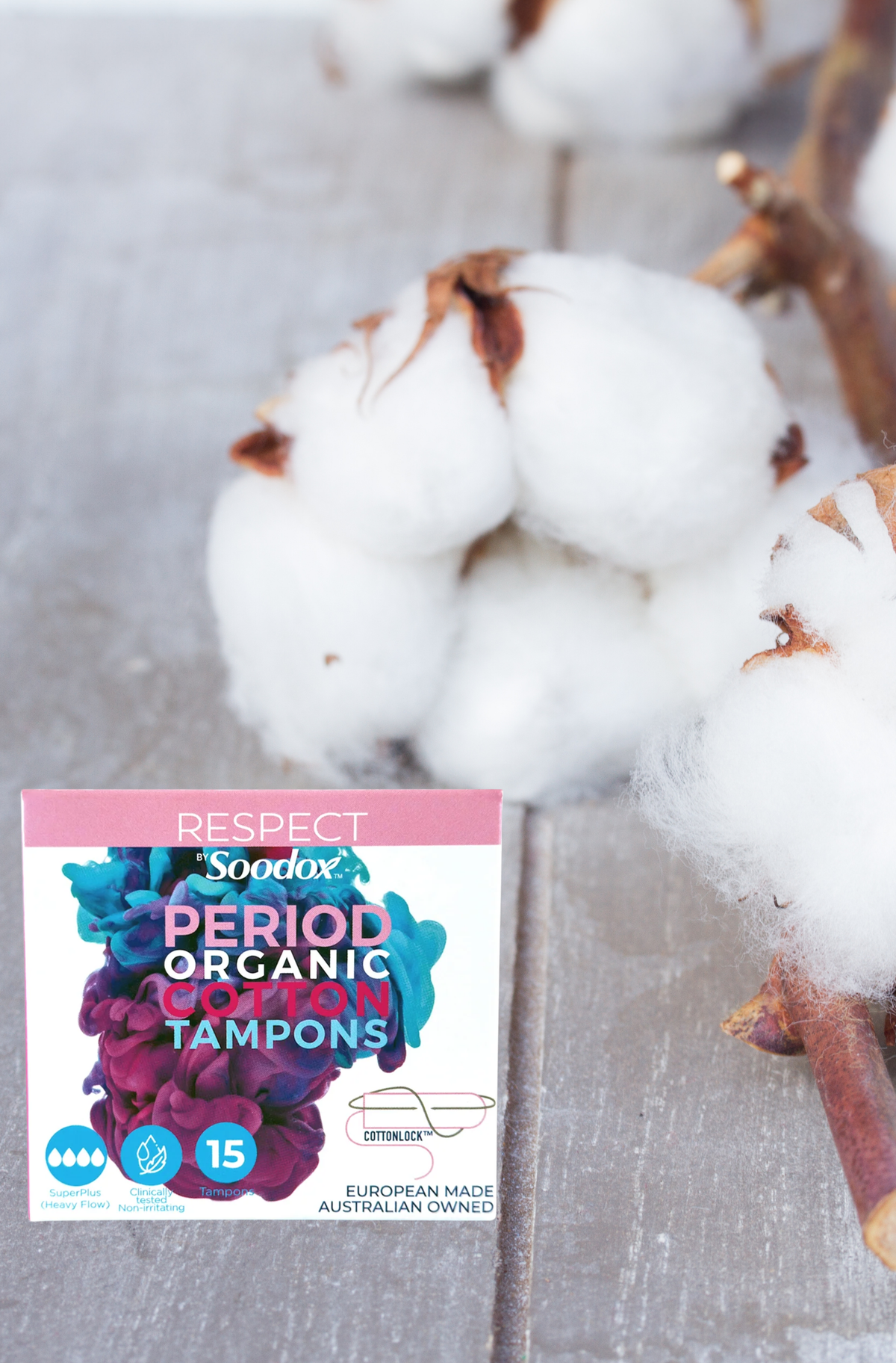 Respect by Soodox Period Organic Tampons SuperPlus box with cotton flowers