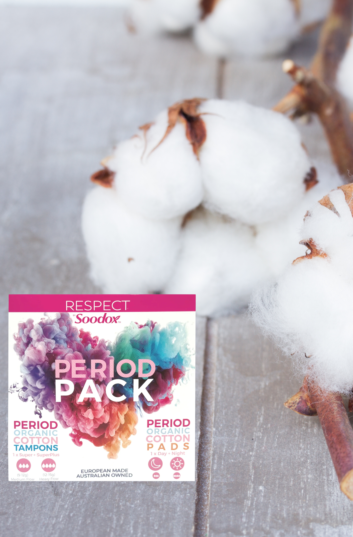 Respect by Soodox Period Pack box with cotton flowers