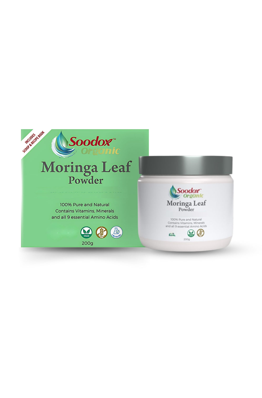 Soodox Organic Moringa Leaf Powder 200g (includes bamboo scoop and recipe book)