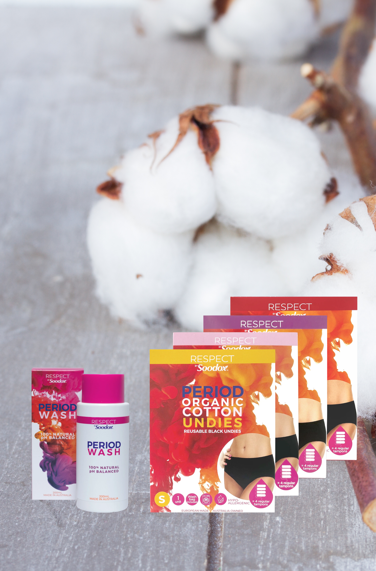 Respect by Soodox Period Wash and period undies boxes with cotton flowers