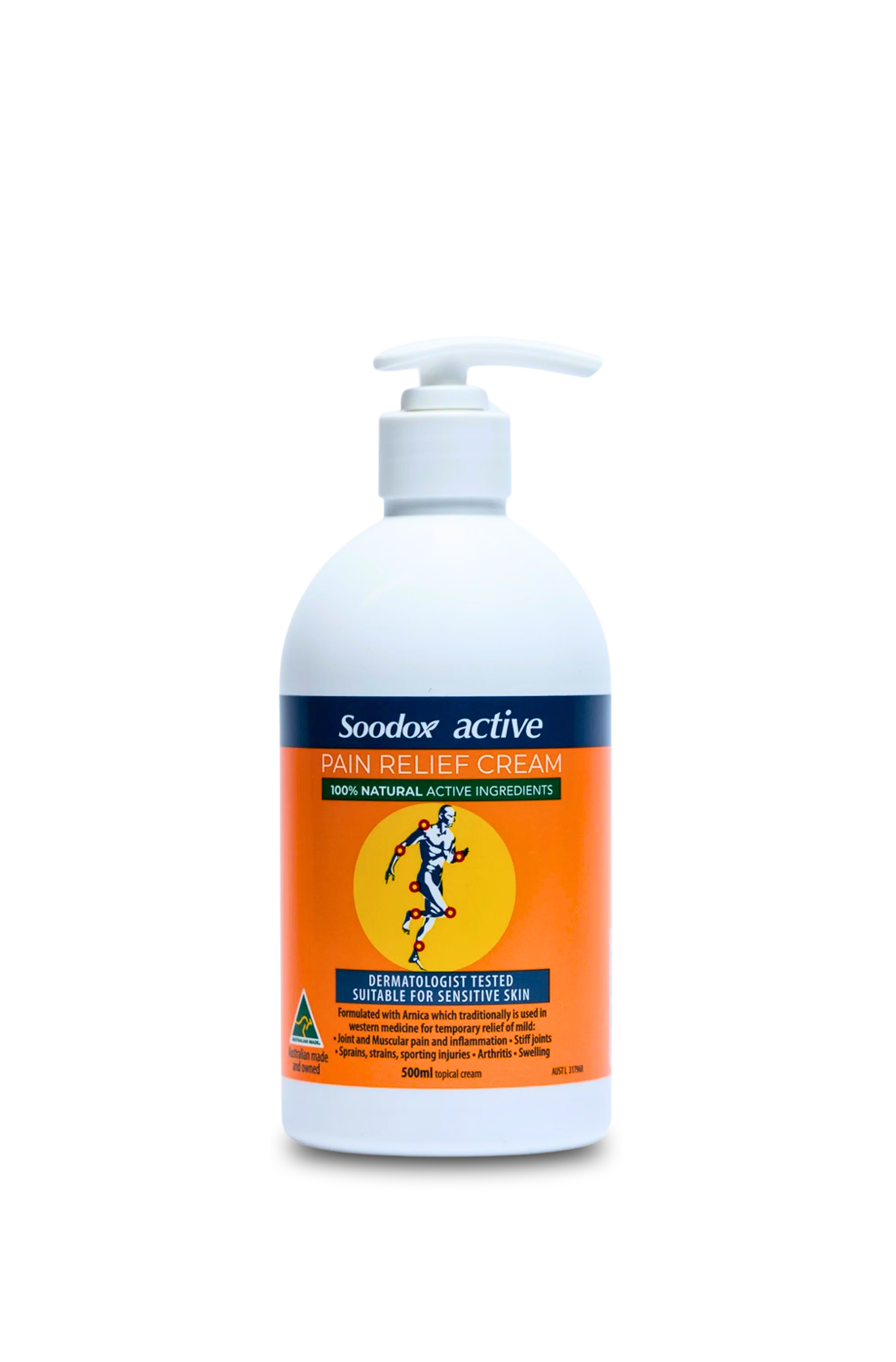 Soodox Active Pain Relief Cream 500ml pump bottle, side view