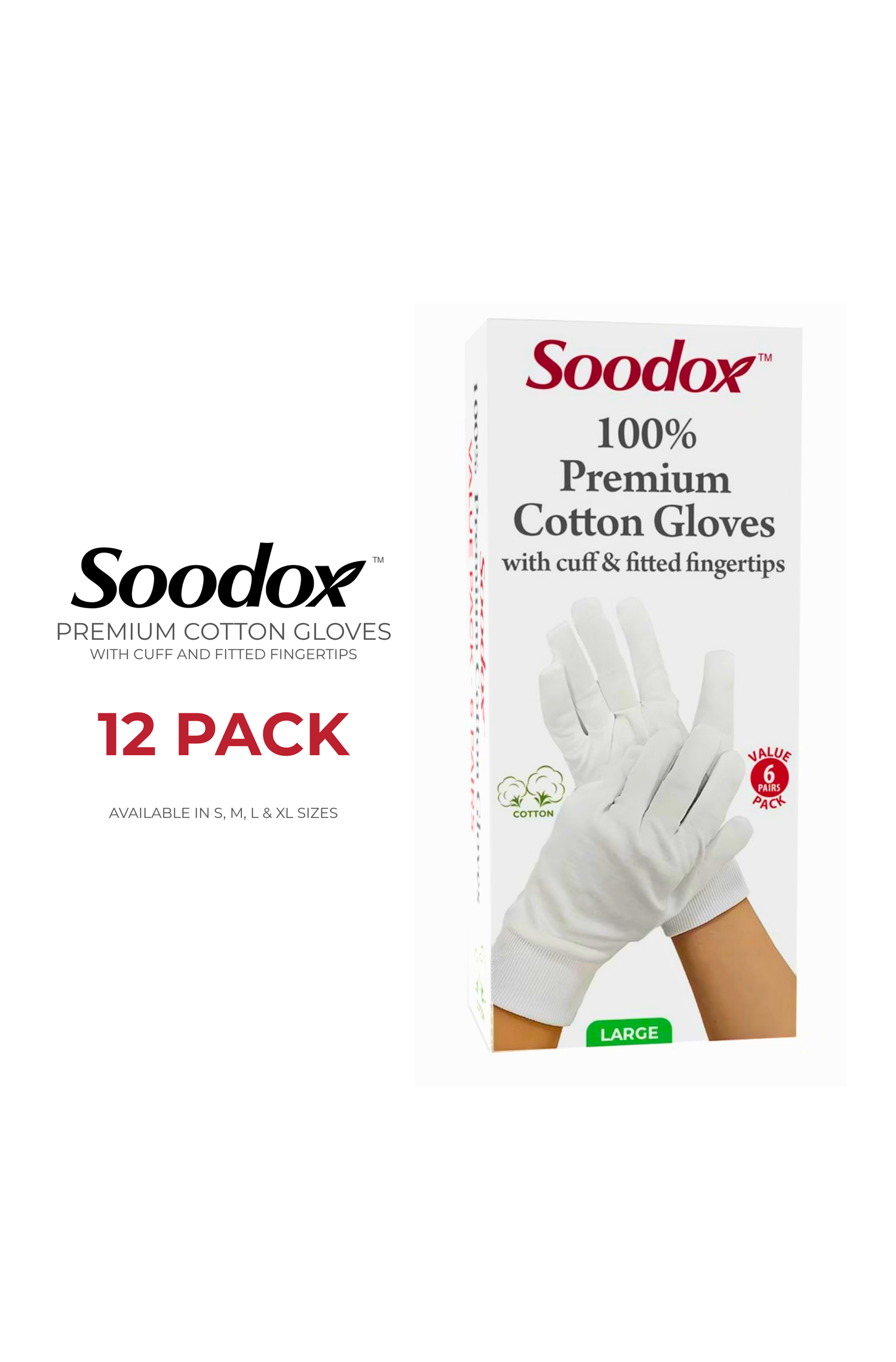 Soodox 100% Cotton Gloves - 12 pack (LARGE)