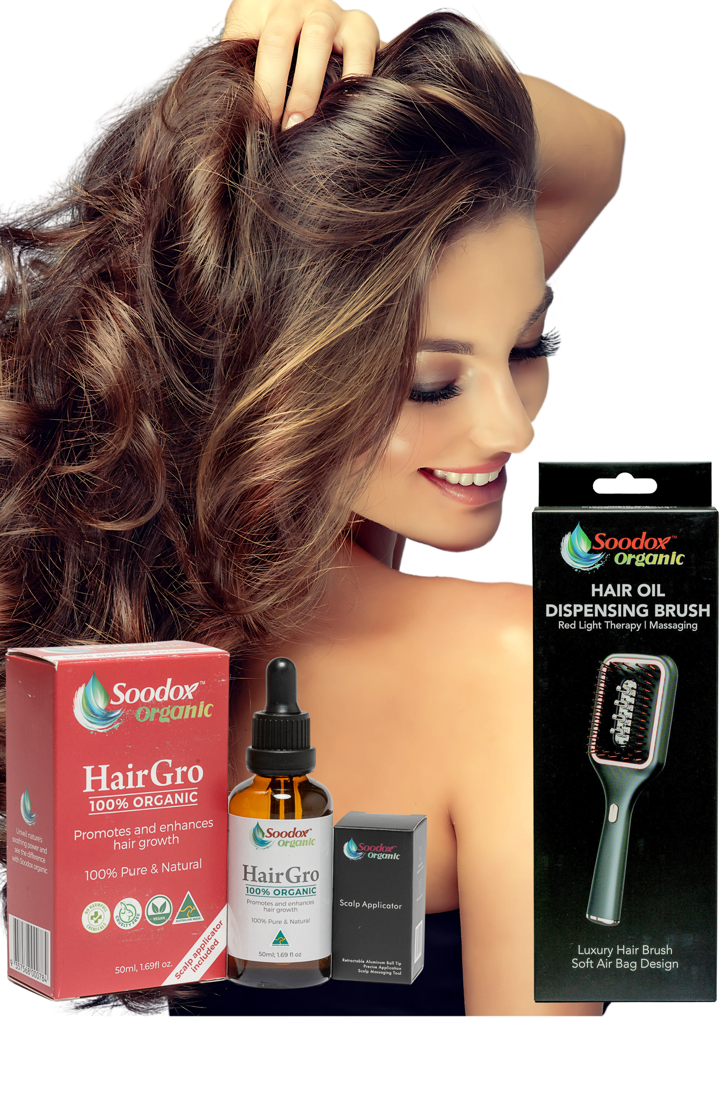Soodox Organic HAIR GROWTH BUNDLE Hair Oil Dispensing Brush BLACK plus HairGro with Scalp Applicator