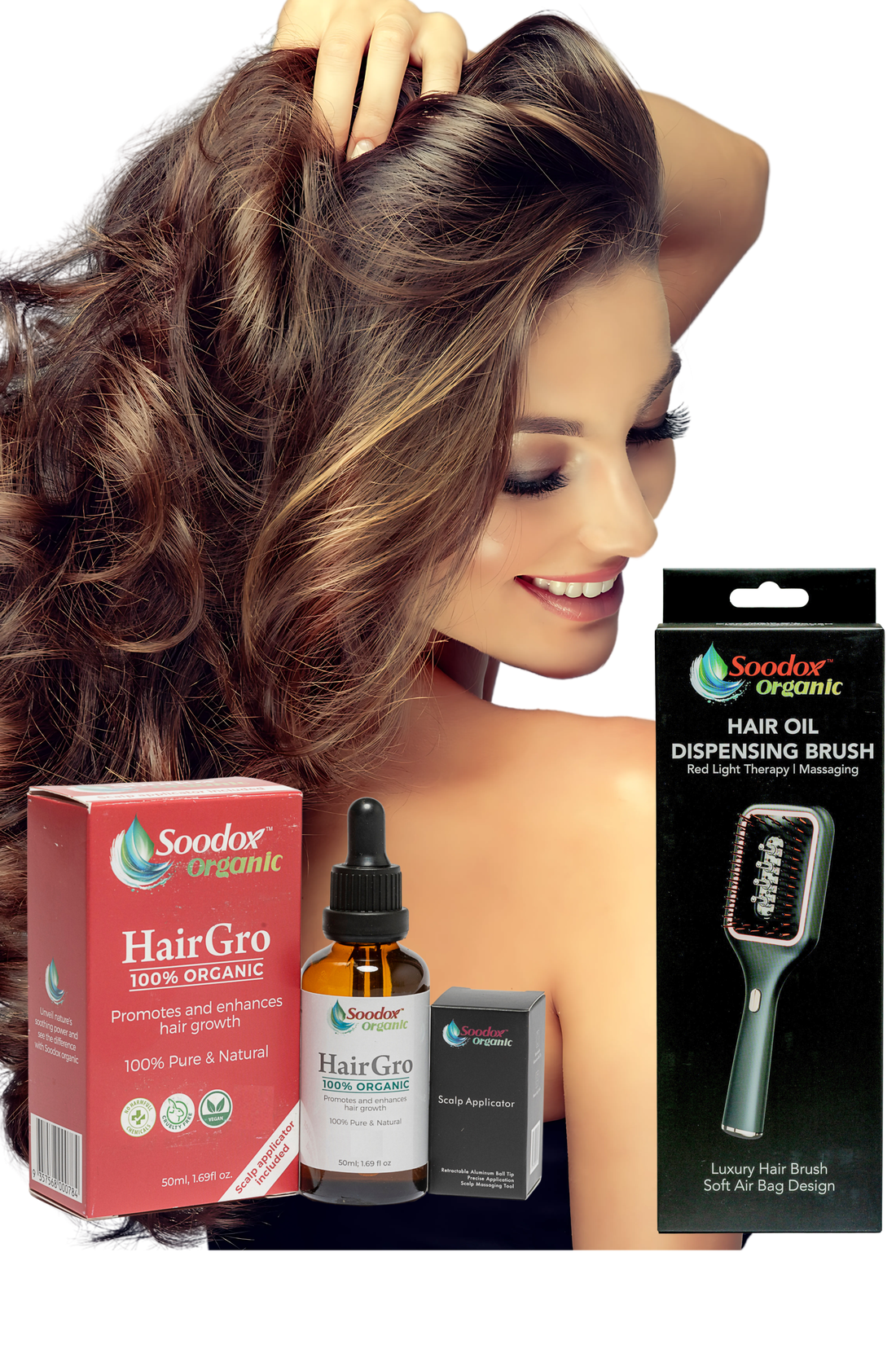 Soodox Organic HAIR GROWTH BUNDLE Hair Oil Dispensing Brush BLACK plus HairGro with Scalp Applicator