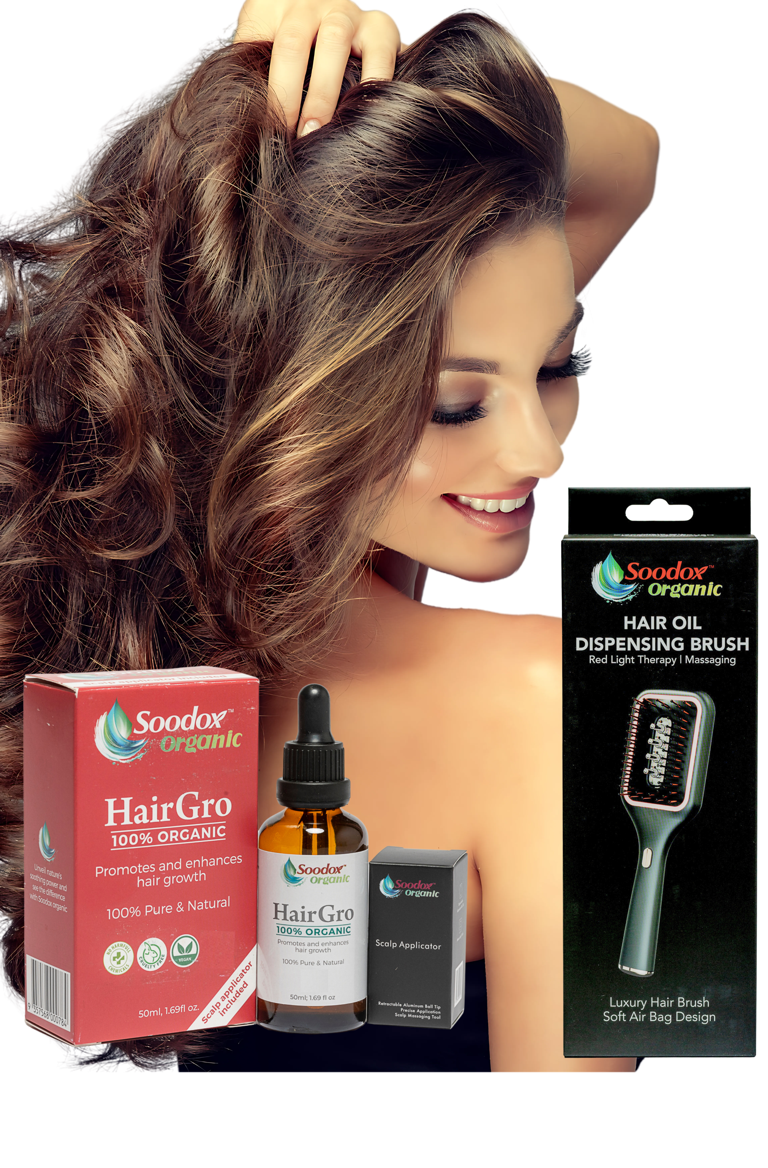 Soodox Organic HAIR GROWTH BUNDLE Hair Oil Dispensing Brush BLACK plus HairGro with Scalp Applicator
