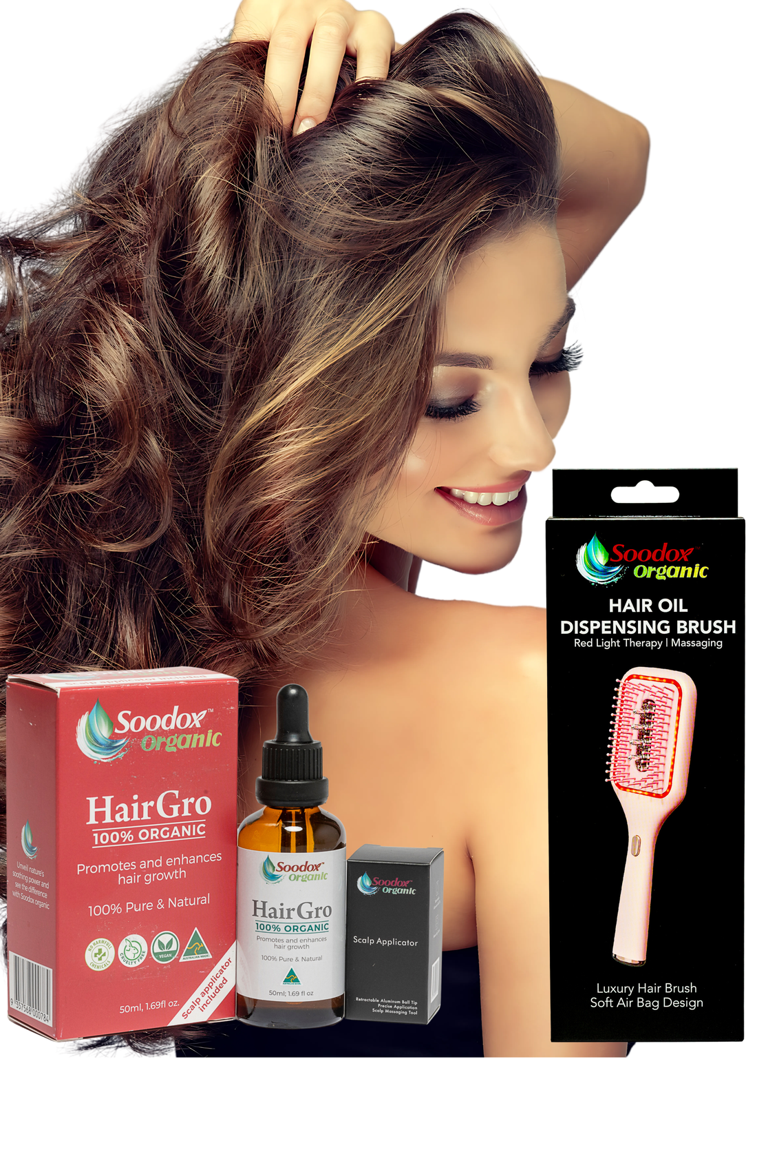 Soodox Organic HAIR GROWTH BUNDLE Hair Oil Dispensing Brush PINK plus HairGro with Scalp Applicator