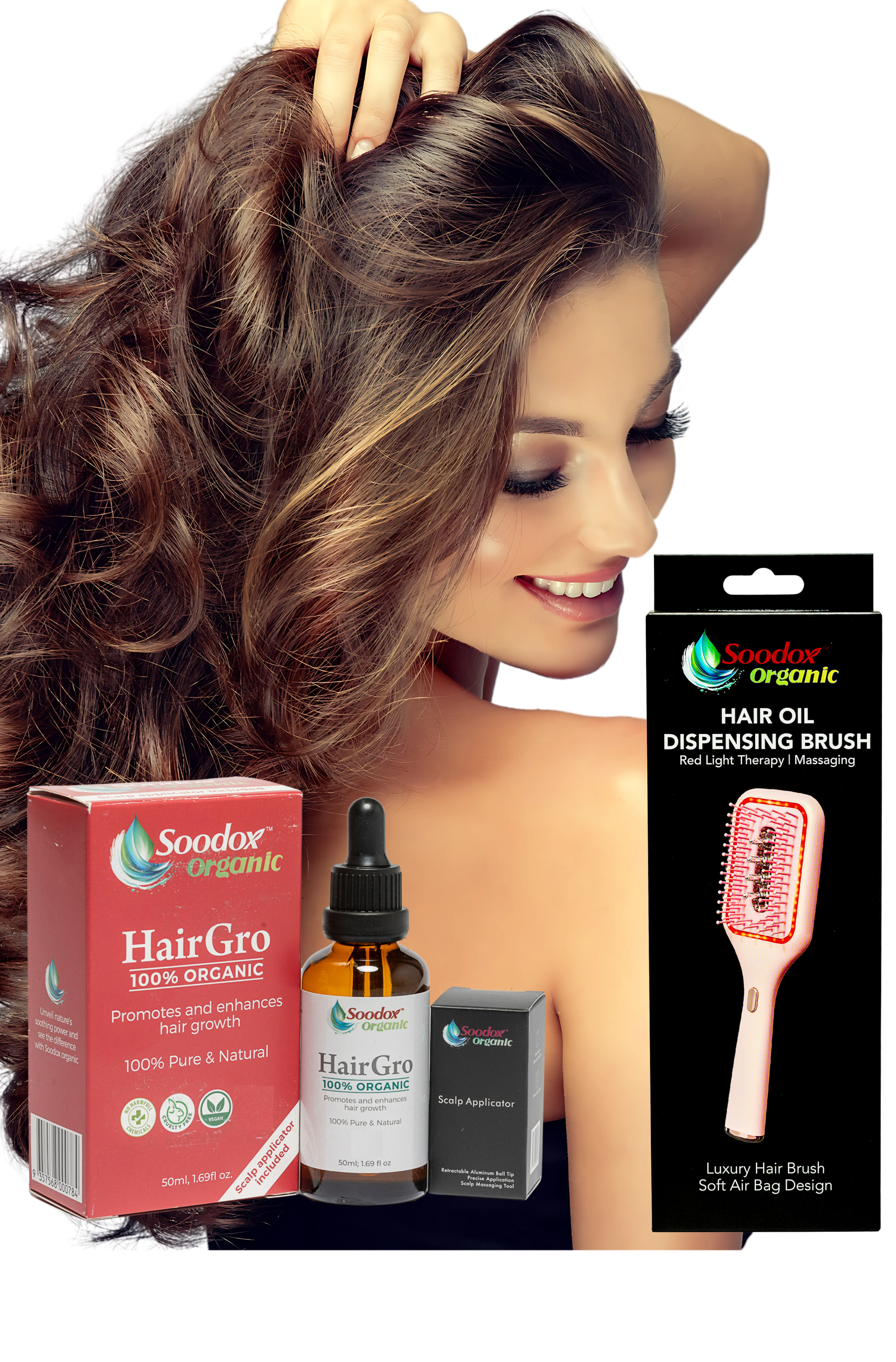 Soodox Organic HAIR GROWTH BUNDLE Hair Oil Dispensing Brush PINK plus HairGro with Scalp Applicator
