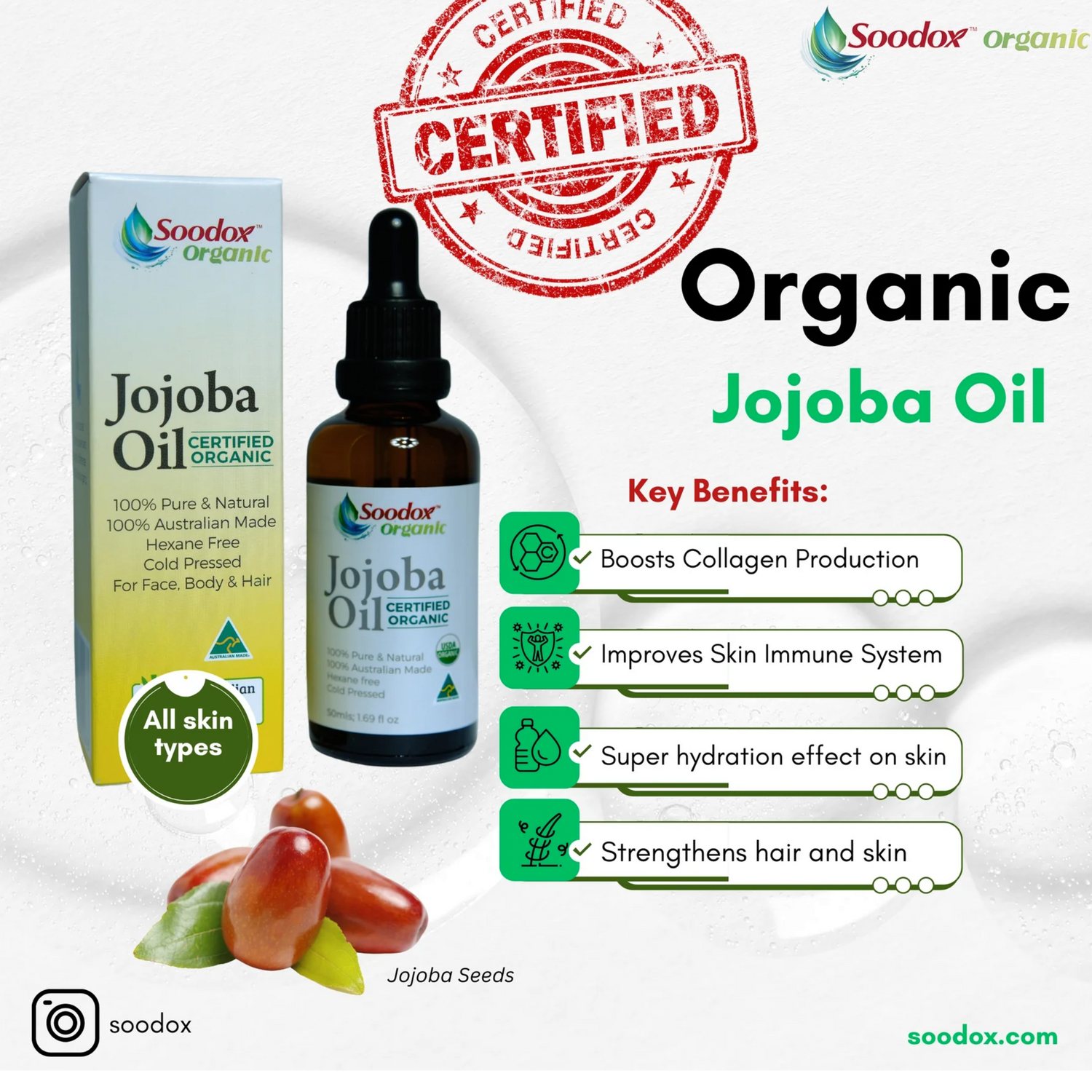 Soodox Organic Jojoba Oil 50ml with Oil Brushes