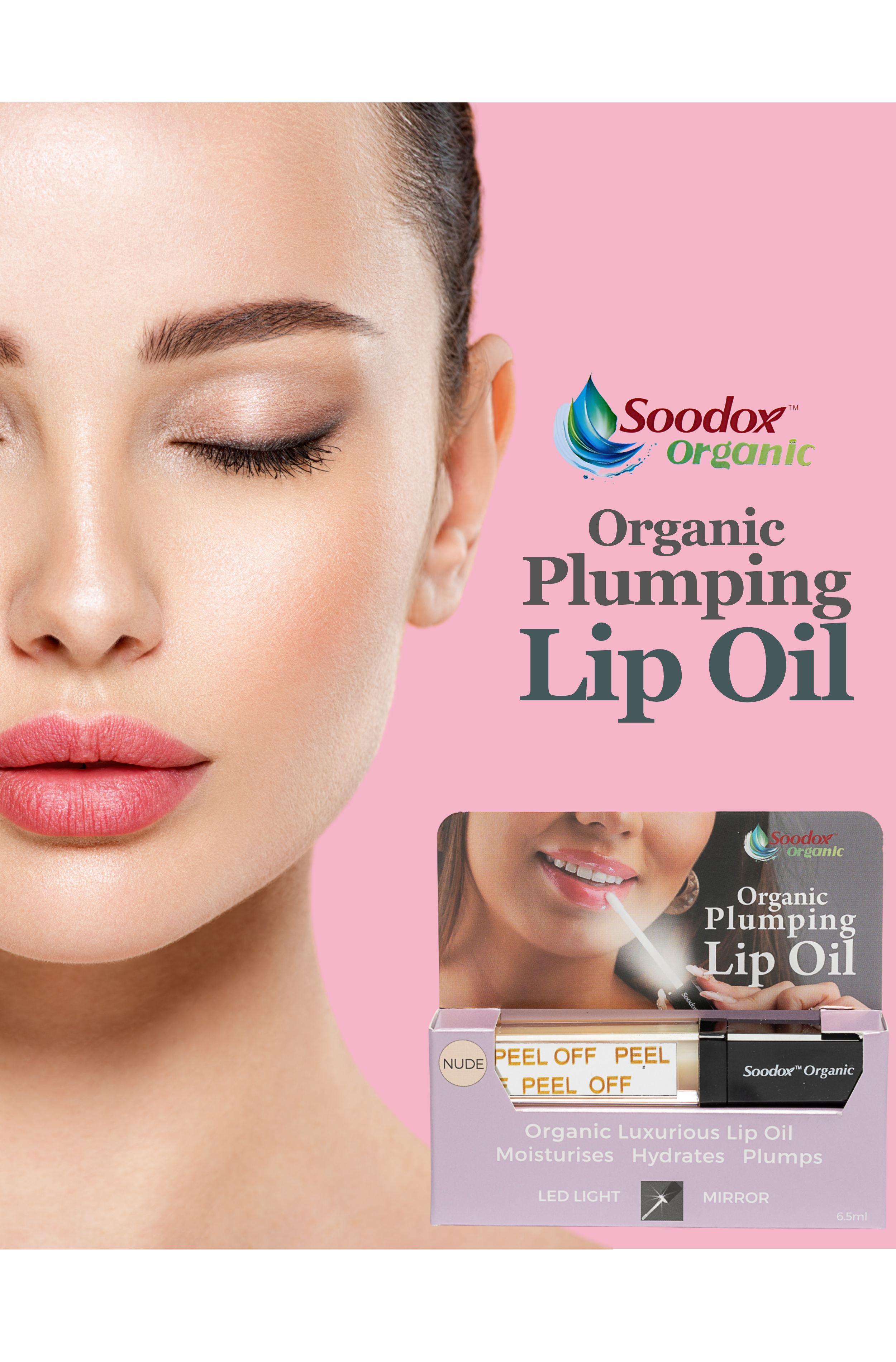 Soodox Organic Plumping Lip Oil with Light &amp; Mirror in Nude Shade