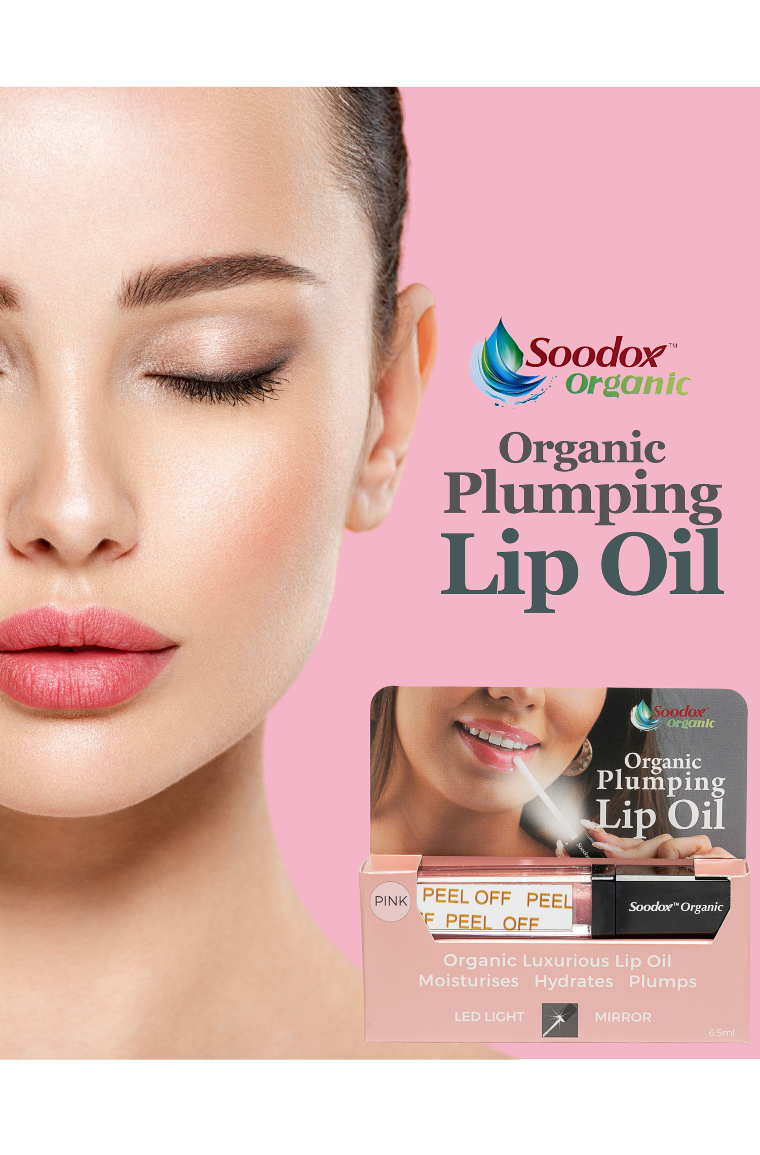 Soodox Organic Plumping Lip Oil with Light &amp; Mirror in PINK Shade