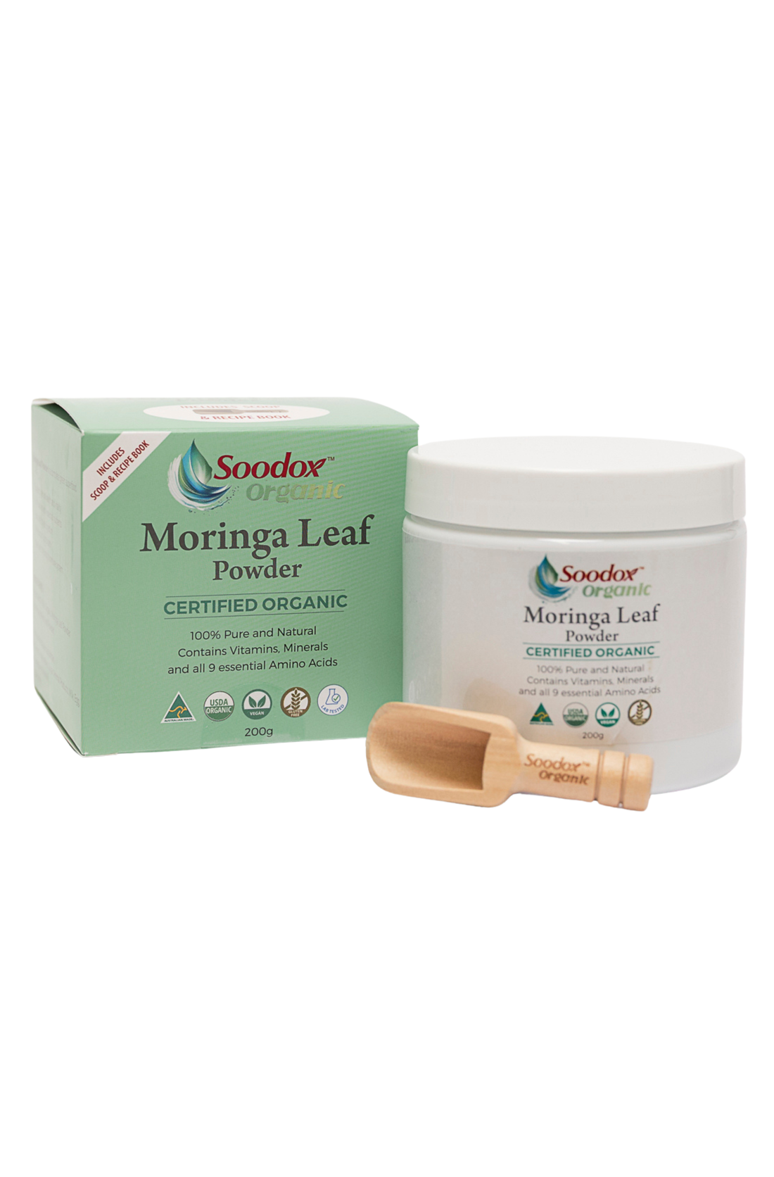 Soodox™ Certified Organic Moringa Leaf Powder 200g (includes wooden scoop)