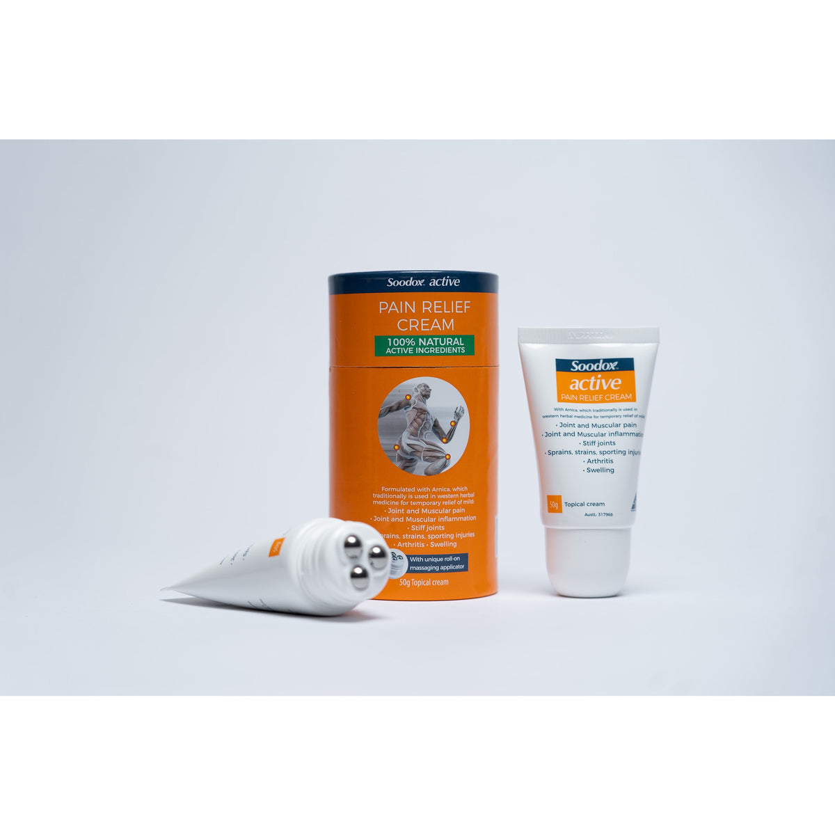 Soodox Active Pain Relief Cream 50g box and roll-on tube