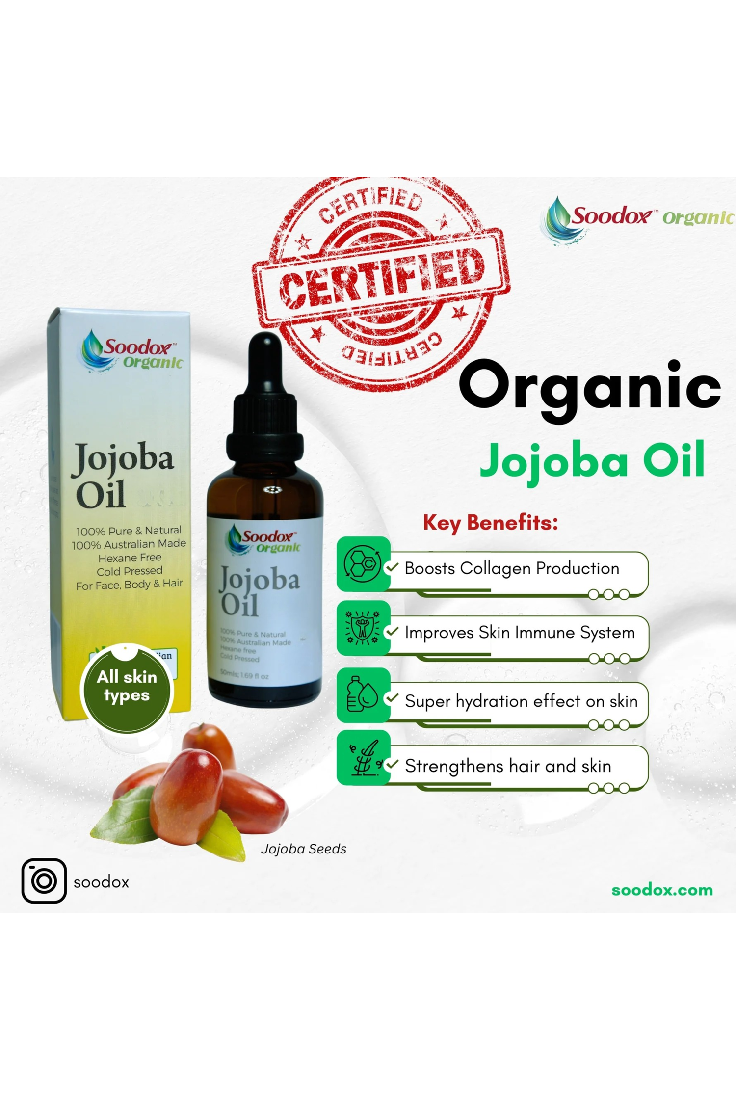 Soodox Organic Jojoba Oil 50ml with Oil Brushes
