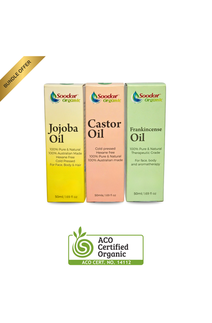 Soodox Organic Fountain of Youth Bundle (1x Castor Oil, 1x Jojoba Oil, 1x Frankincense Oil) + Soodox 4 in 1 Skin Toning Therapy