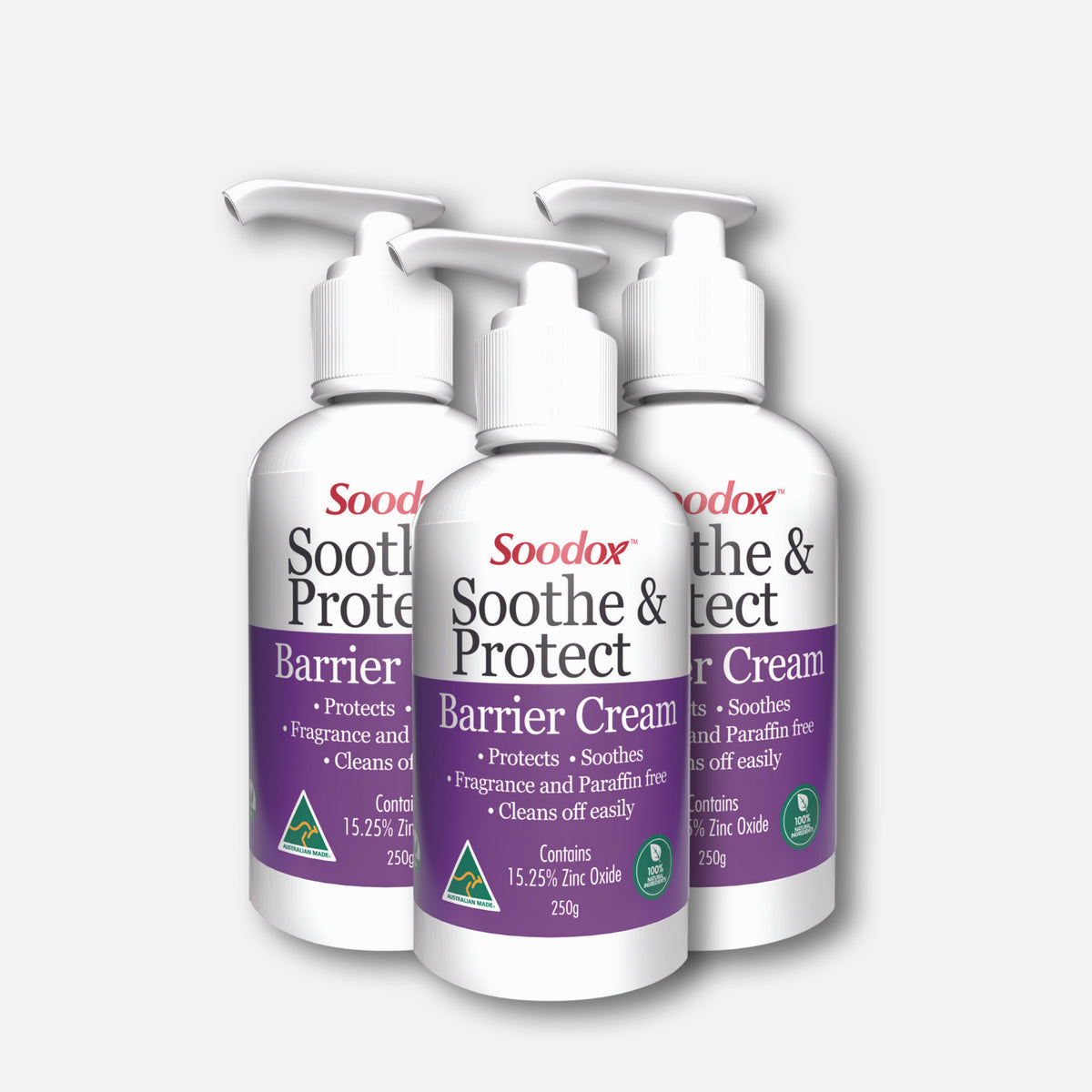 Three Soodox Soothe &amp; Protect Barrier Cream pump bottles