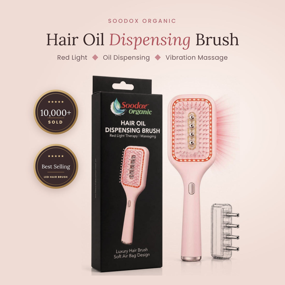 Soodox Organic Hair Oil Dispensing Brush with Red Light Technology in PINK Color