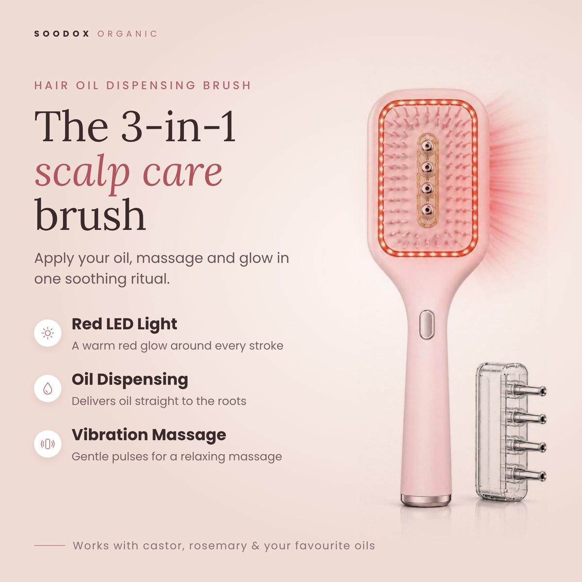 Soodox Organic Hair Oil Dispensing Brush with Red Light Technology in PINK Color