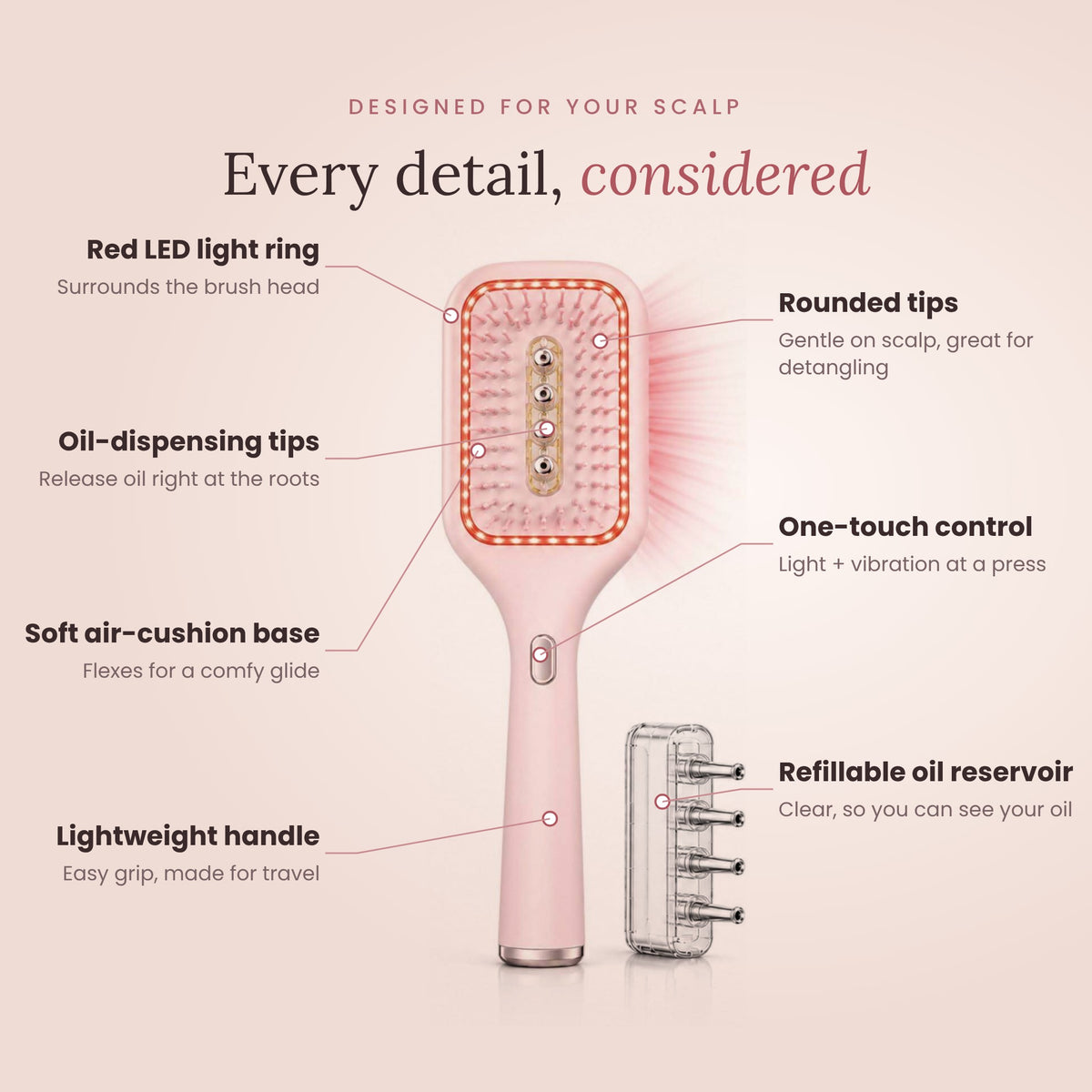 Soodox Organic Hair Oil Dispensing Brush with Red Light Technology in PINK Color
