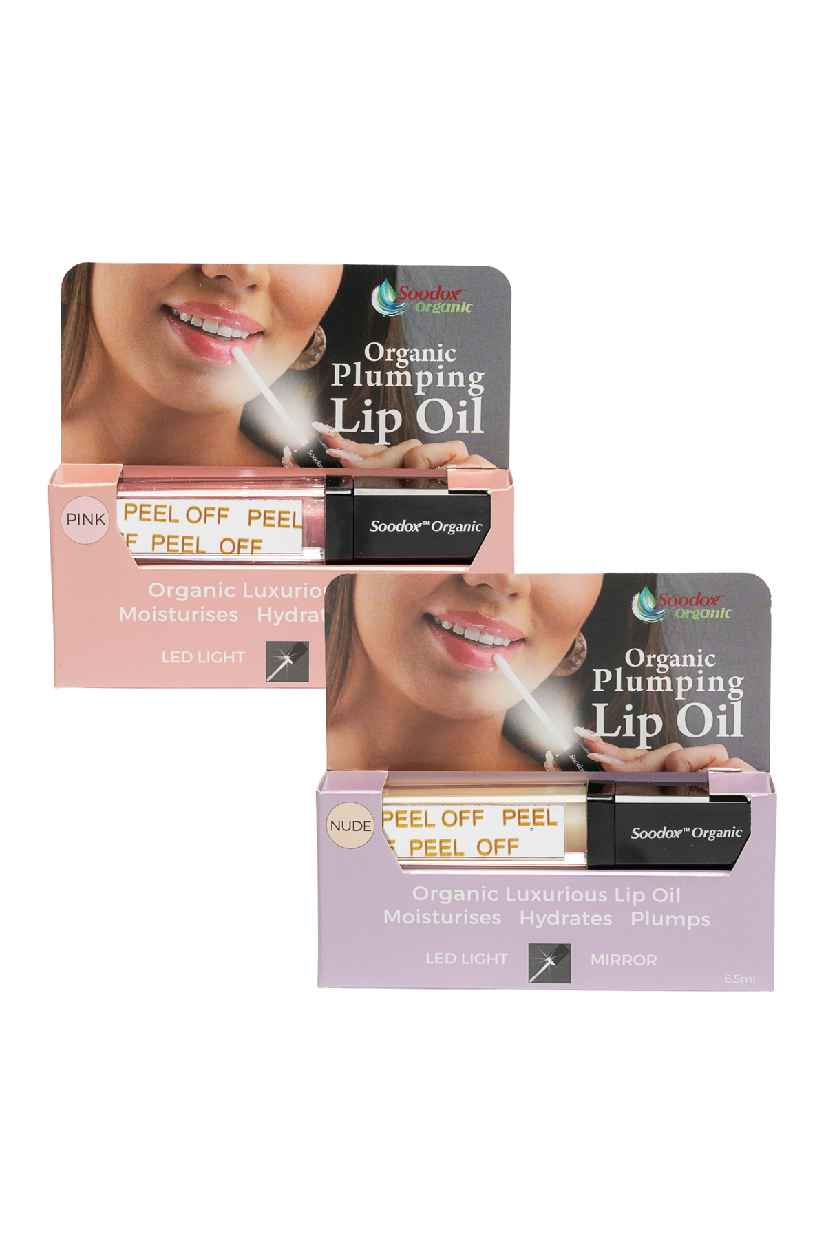 Two Soodox Organic Plumping Lip Oil boxes, lilac and pink