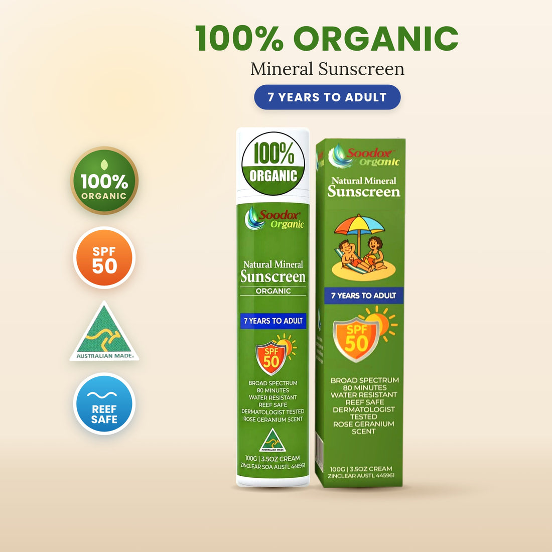 Soodox Organic 100% Natural Mineral Sunscreen 100g - SPF50 – 7yrs to Adult