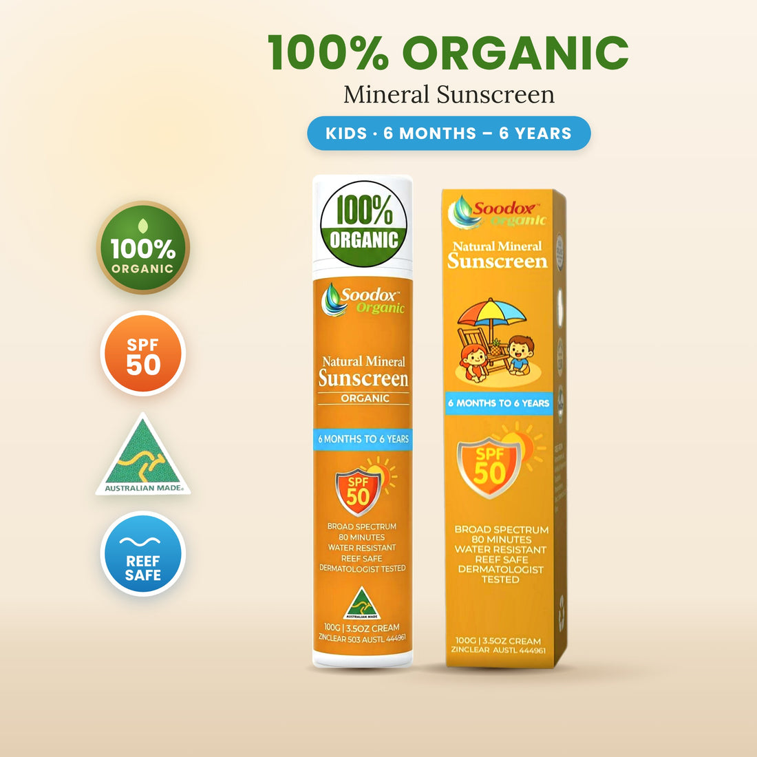 Soodox Organic 100% Natural Mineral Sunscreen 100g - SPF50 - Child 6mth to 6yrs