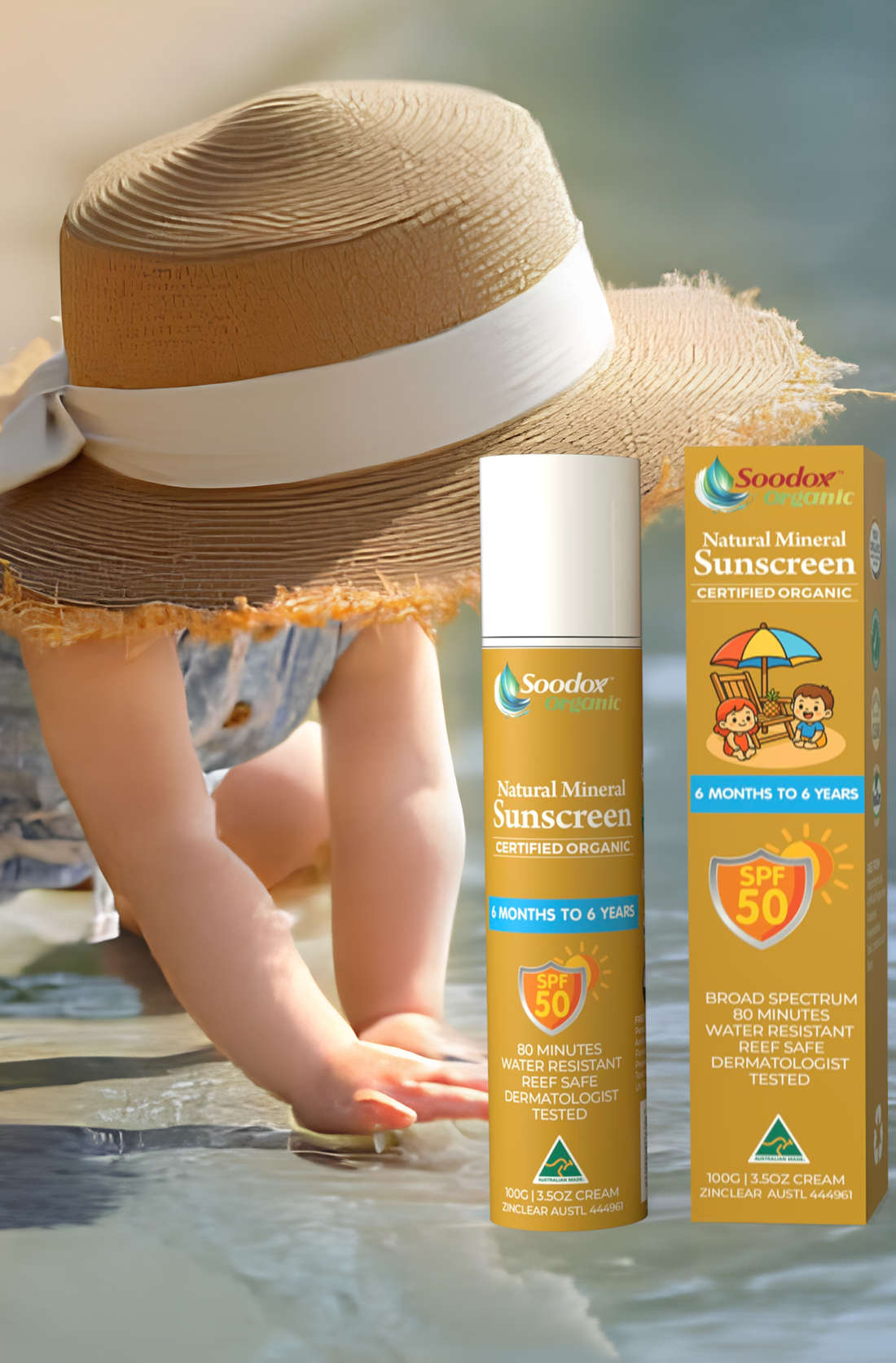 Soodox Organic 100%  Natural Mineral Sunscreen 100g - SPF50 - Child 6mth to 6yrs