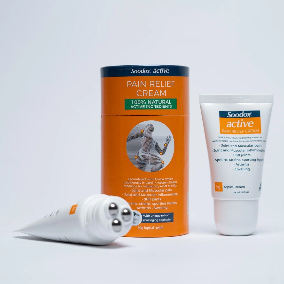 Soodox Active Pain Relief Cream 50g canister with roll-on tube