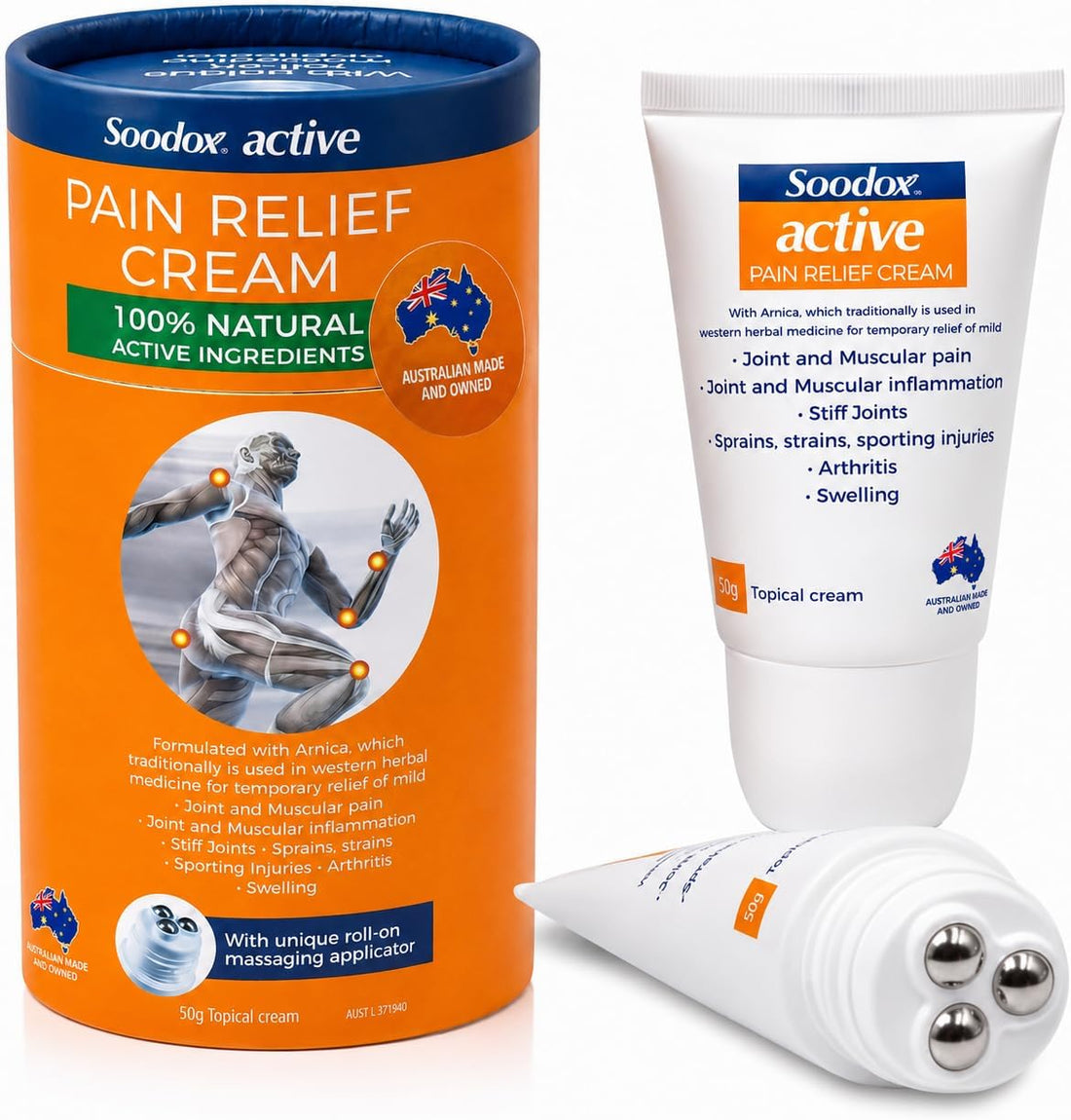 Soodox Active Pain Relief Cream 50g with roll-on massaging applicator, canister and tube
