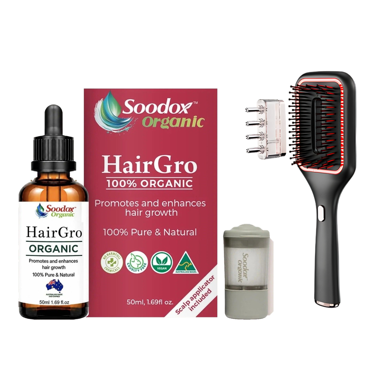 HairGro bundle with black dispensing brush and complete removable oil reservoir