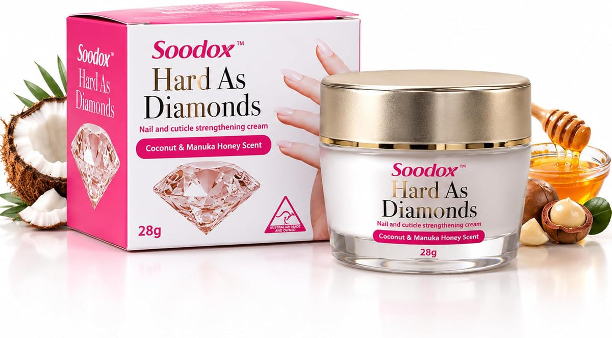 Soodox Hard As Diamonds nail and cuticle strengthening cream 28g, Coconut &amp; Manuka Honey scent — jar and box