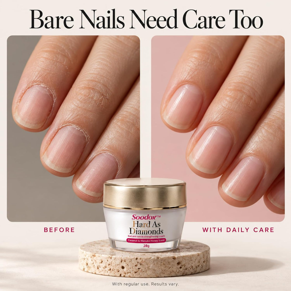Hard As Diamonds nail care before and with daily care — results vary