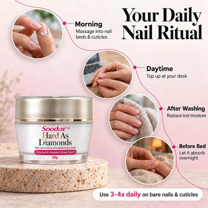Use Hard As Diamonds 3–4 times daily on bare nails and cuticles, including before bed