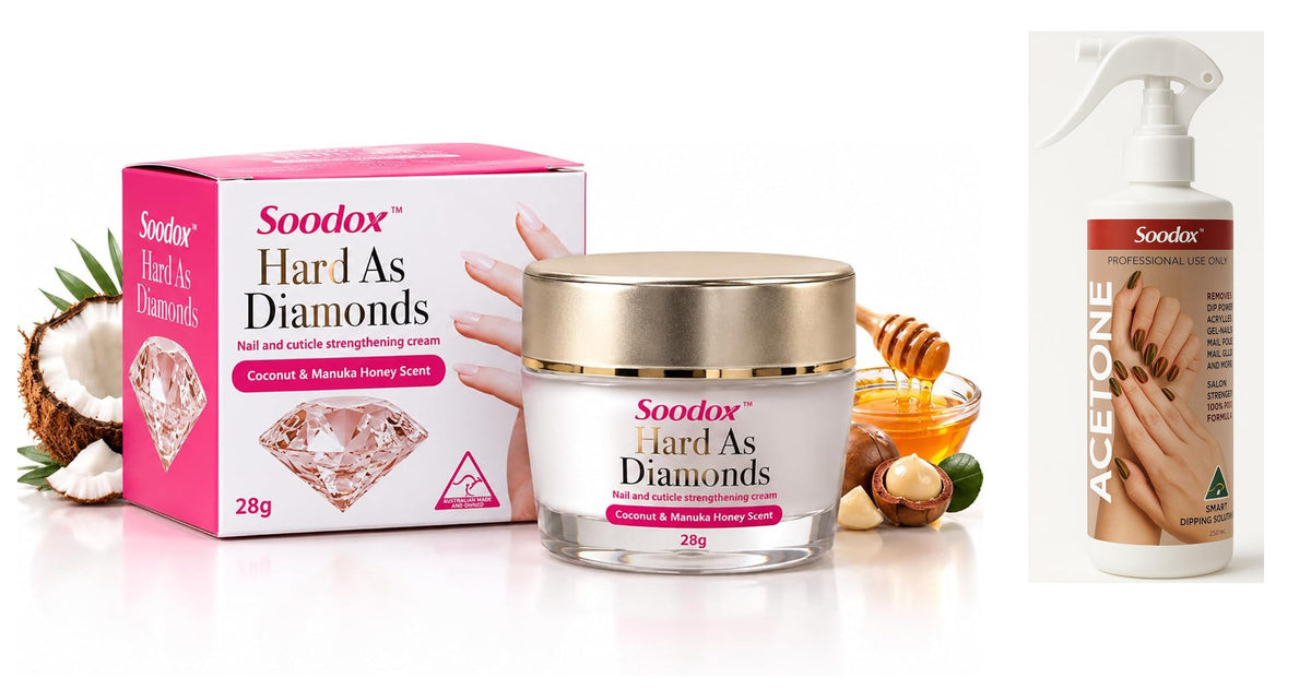 Original Soodox photographs: Hard As Diamonds cream 28g with its box and Acetone 250mL spray bottle
