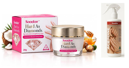 Original Soodox photographs: Hard As Diamonds cream 28g with its box and Acetone 250mL spray bottle